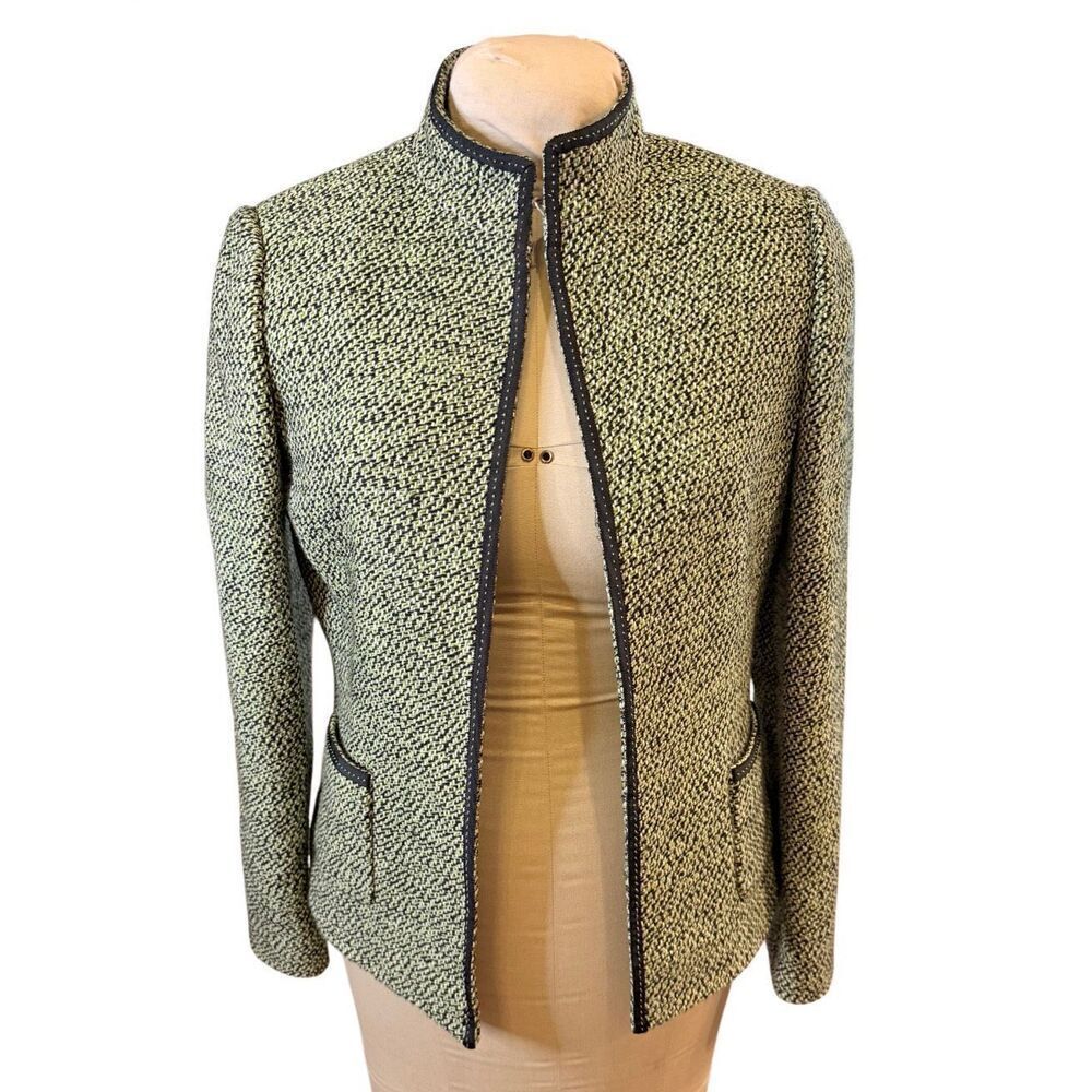 Tahari Green & Black Herringbone Tweed Open Front Blazer Sz. 8. Career Y2K. Vtg